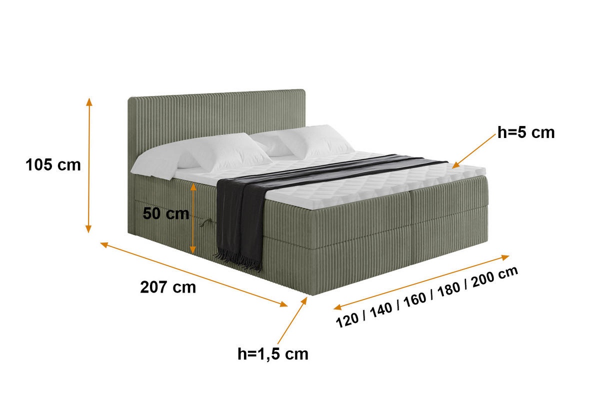 BOXBETT mit Matratze H3 und Lattenrost - TOLO - 200x200 Cord - Olive - Olivgrün, Holzwerkstoff/Kunststoff (200/200cm) - ALTDECOR