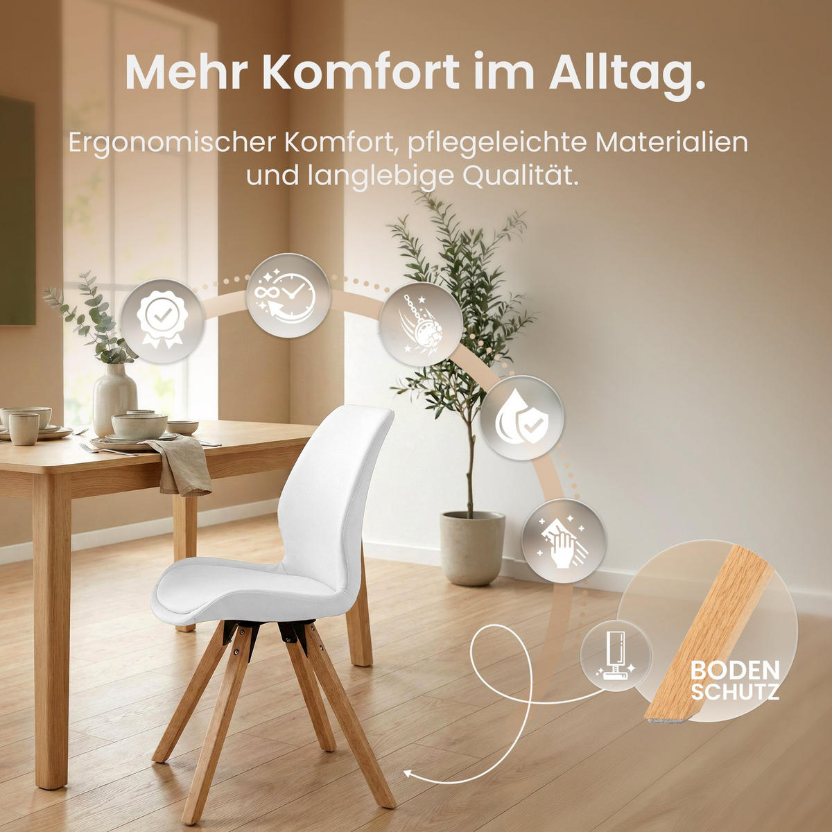 STUHL 4er Set Lederlook weiß - Eukalyptusholzfarben/Weiß, Holz/Textil (49/87/58cm) - CLP