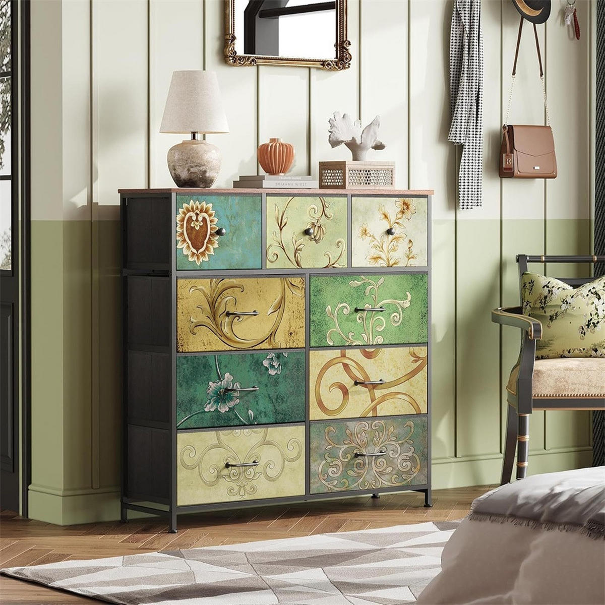 KOMMODE mit 9 Schubladen - bunte Vintage-Muster und nostalgische Griffe - Mehrfarbig - Multicolor, Metall (100/100/30cm) - DELFA