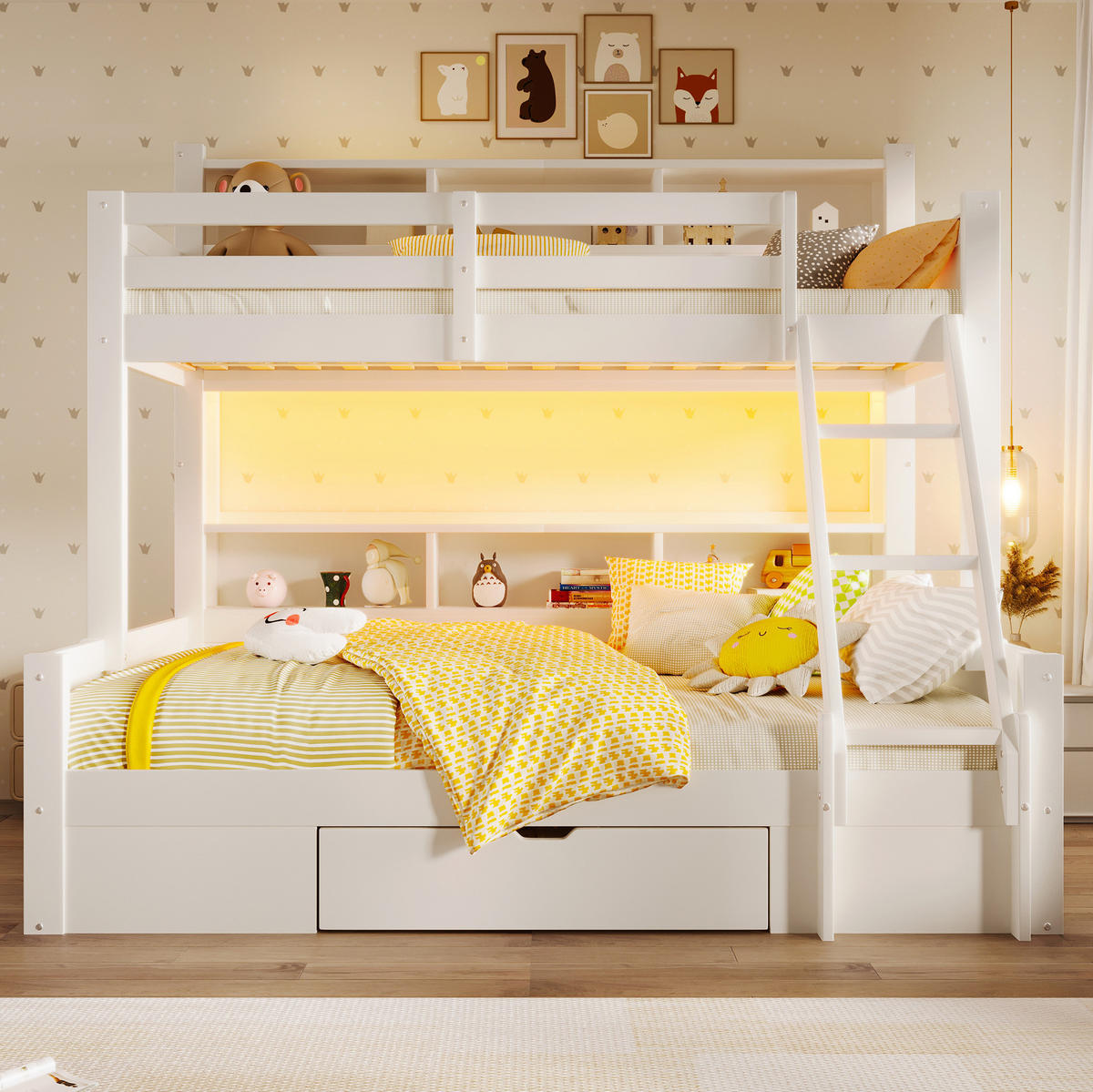 ETAGENBETT 90/200 + 140/200 cm in Weiß mit LED-Beleuchtung und Stauraum - Weiß, Holz - BEAOK