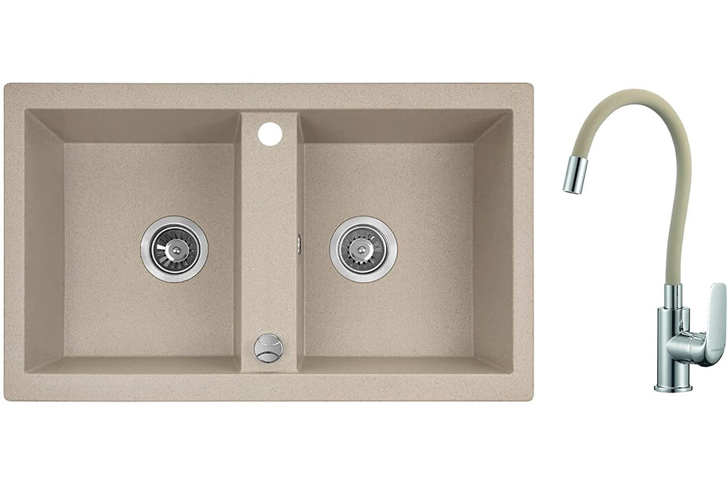 SPÜLEN-SET Barbados Beige, 3-teilig, Doppelbecken, mit Armatur, 48/78/18,5 cm - Beige, Stein (48/18.5/78cm) - bad land
