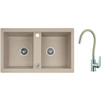 SPÜLEN-SET Barbados Beige, 3-teilig, Doppelbecken, mit Armatur, 48/78/18,5 cm - Beige, Stein (48/18.5/78cm) - bad land