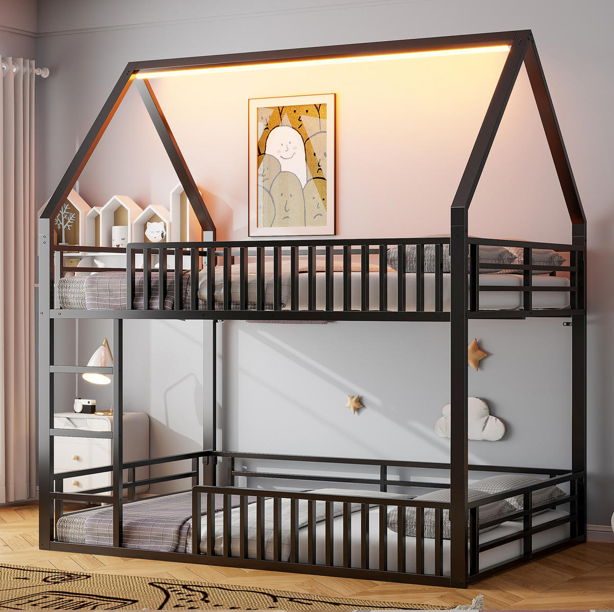 ETAGENBETT 140/200 cm mit Zaun, LED-Beleuchtung und Hausdach, Metall, Schwarz - Schwarz, Metall (140/200cm) - Redom