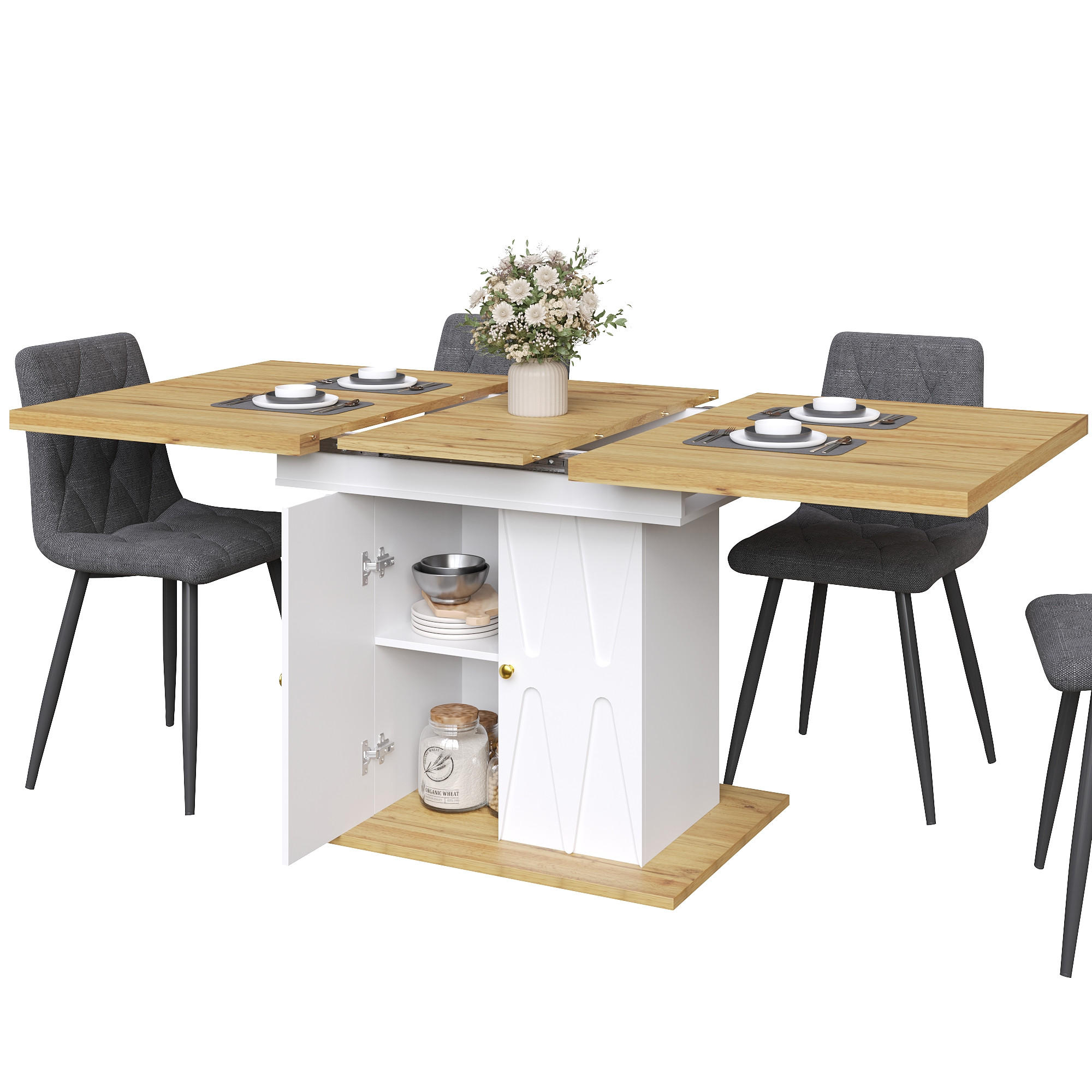 JÍDELNÍ SET 5D Rozkládací 110-140cm Šedé židle - bílá, kov (54.99/15.01/95cm) - FLIEKS