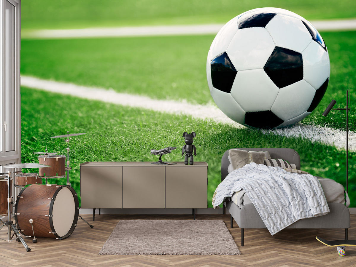 FOTOTAPETE für Jugendzimmer Fußball Grüne Rasen Stadion Sport 300x210 - Schwarz/Weiß, Papier (300/210cm) - Muralo