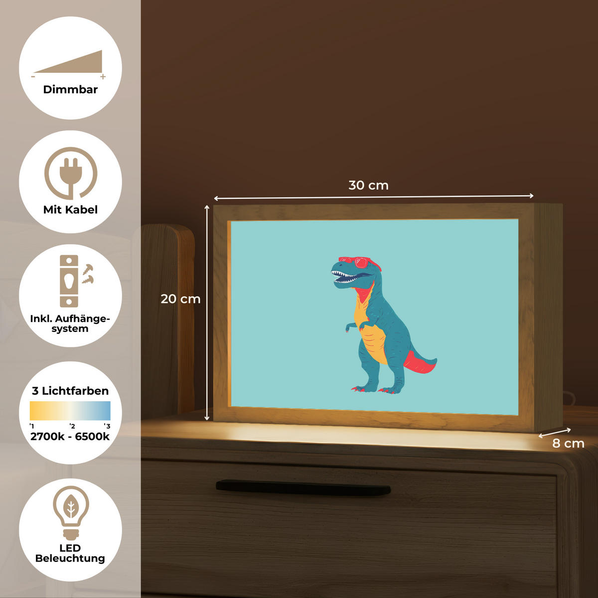 NÁSTĚNNÁ LAMPA Dinosaurus - Modrá - Sluneční brýle 30x20 cm - světle modrá, kompozitní dřevo (30/20/8cm) - OnlyWow