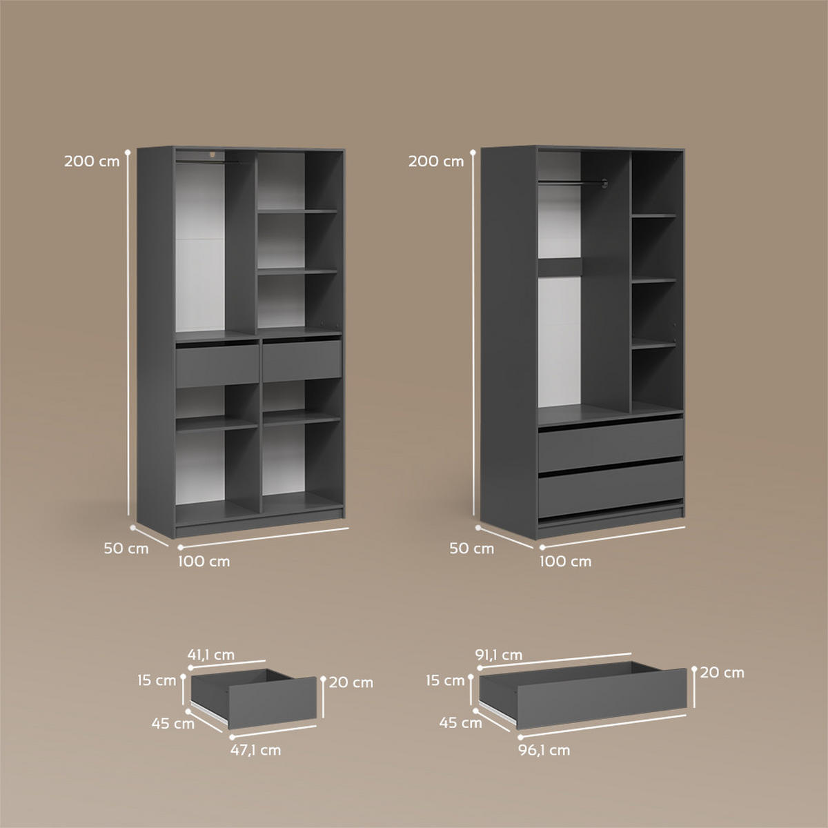 GARDEROBA Trento Antracit Komplet 2 - antracit, leseni material (100/200/50cm) - Livinity®