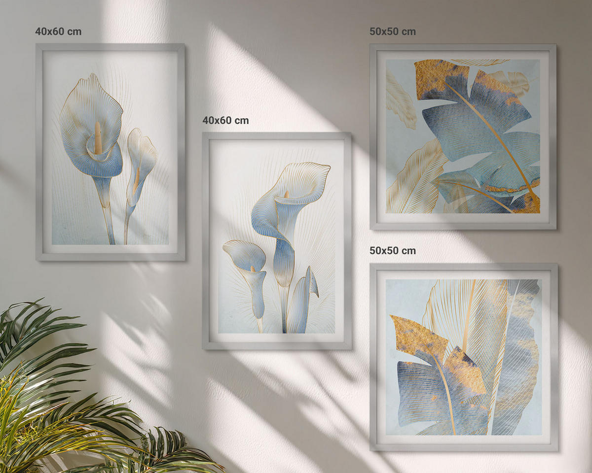 BILDER SET 4er Set - 50x50 cm & 40x60 cm Silberner Rahmen - Blaue Blumen im Hintergrund - Silberfarben, Kunststoff (50/50cm) - TULUP
