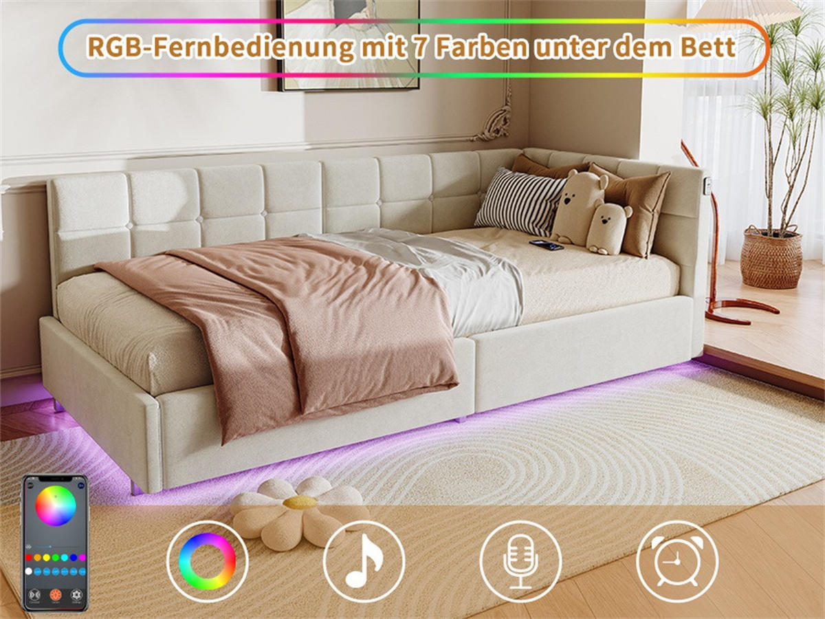POLSTERBETT 90x200 cm mit LED und hydraulischer Hebefunktion - ohne Matratze - Creme - Creme, Textil (90/200cm) - DELFA