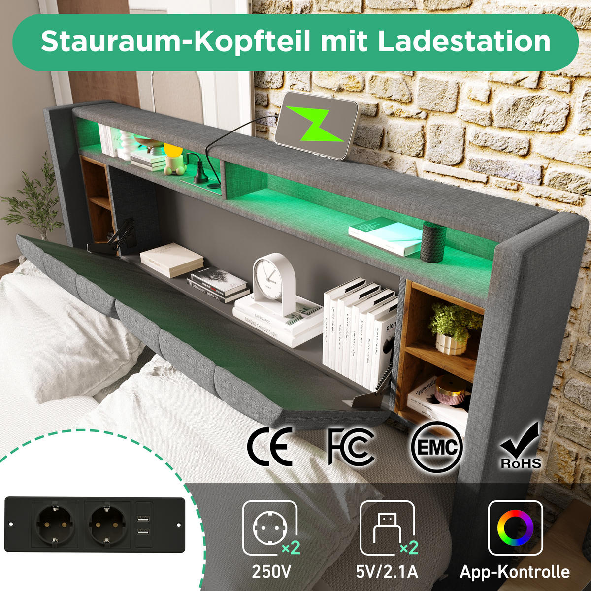POLSTERBETT Doppelbett Stauraum-Kopfteil Bett mit aufladen USB und LED-Beleuchtung Bettgestell Lattenrost aus Holz, 140 x 200 cm Grau, ohne Matratze - Grau, Holz/Textil (140/200cm) - SONNENH