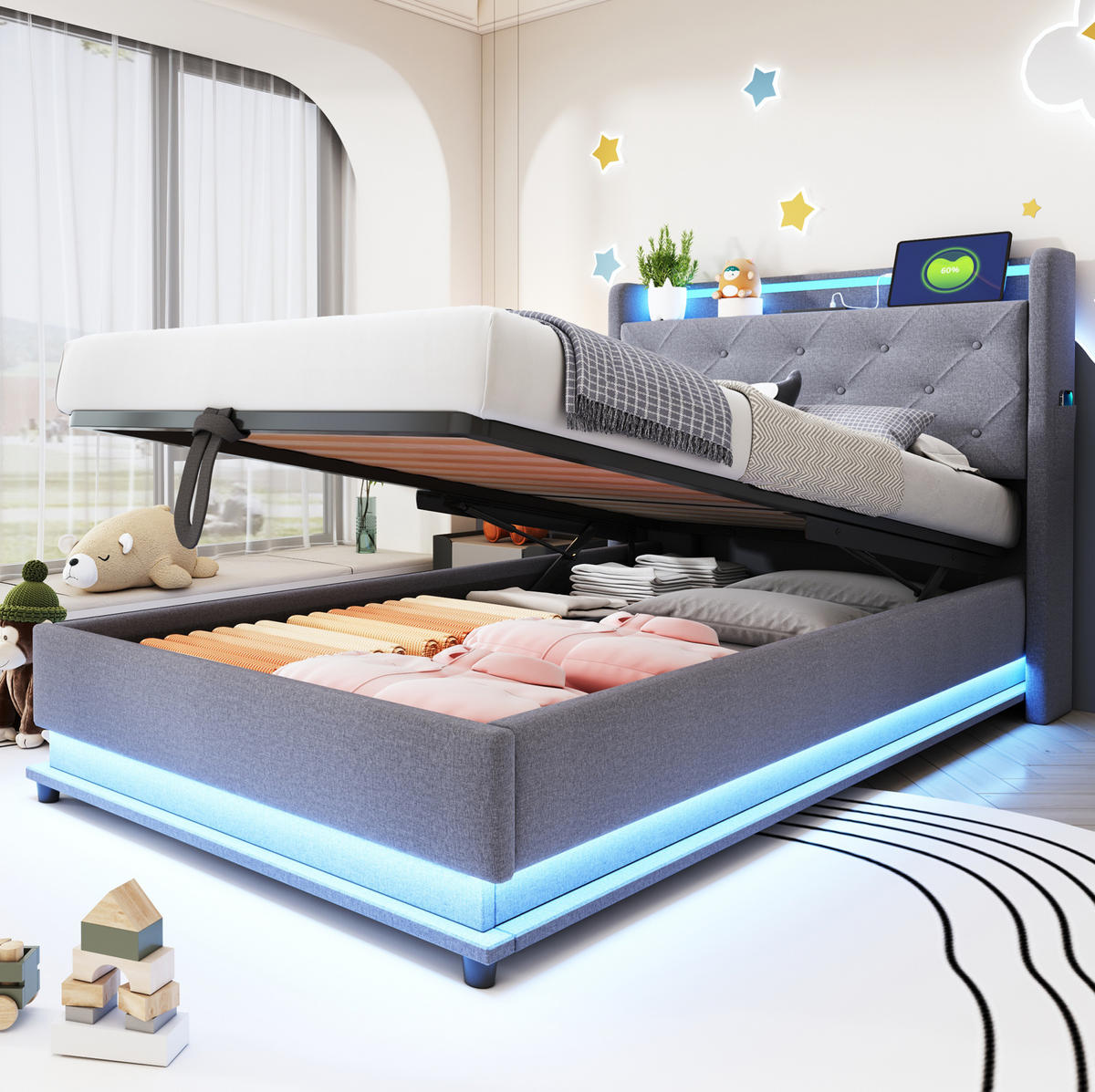 KINDERBETT 90/200 cm aus Leinenstoff mit LED-Beleuchtung, USB-Anschlüssen und hydraulischem Stauraum Grau - Grau, Textil (90/200cm) - Modenvie