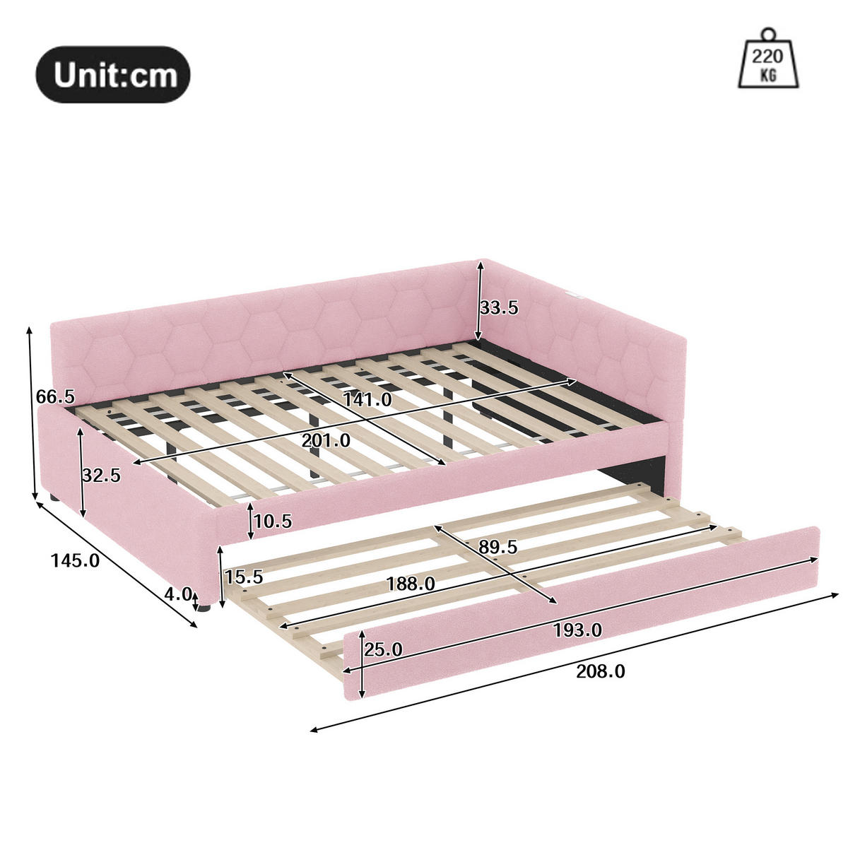 BETT 140/200 cm Rosa mit Ausziehbett und USB- und Type-C-Anschlüssen - Rosa, Textil (140/200cm) - Flora Grace