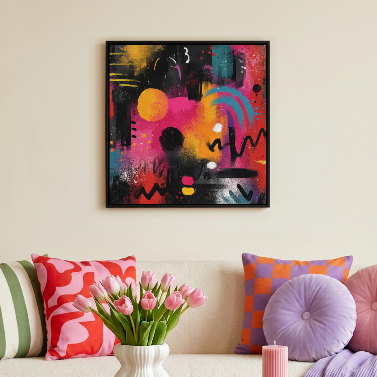 LEINWAND Bilder mit Rahmen - Farbflächen - Formen - Bunt - Abstrakt - 50x50 - Pink, Textil (50/50cm) - MuchoWow