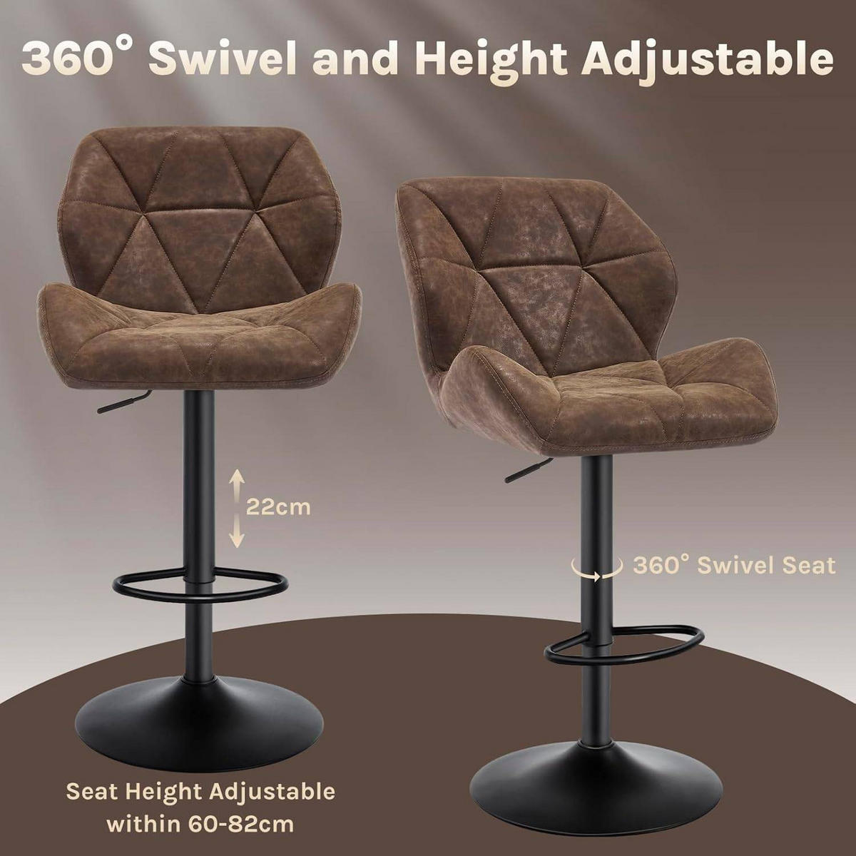 BARHOCKER 2er Set, höhenverstellbar,drehbar,Kunstleder Stahl - Dunkelbraun, Metall (50/94/41cm) - Woltu