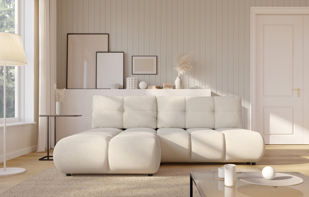 ECKSOFA CORSO L-S Beige Boucle-Stoff mit Schlaffunktion - Beige, Holz (230/177cm) - MASSENO