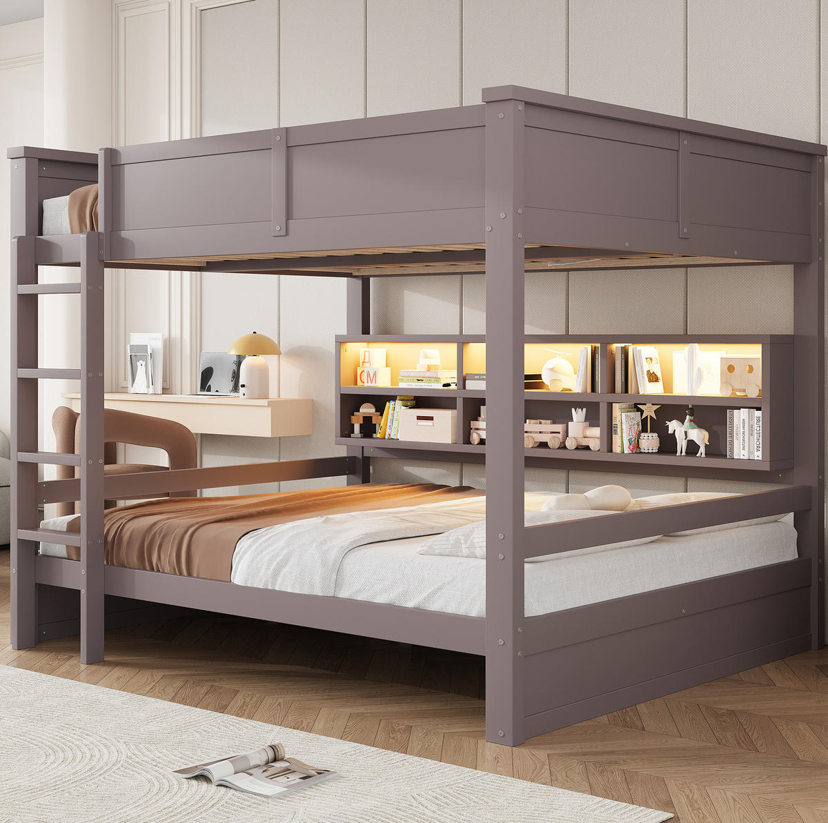ETAGENBETT 160/200 cm aus Kiefer und MDF mit 6 Stauraumschränken und LED-Beleuchtung Braun - Braun, Holzwerkstoff (160/200cm) - Modenvie