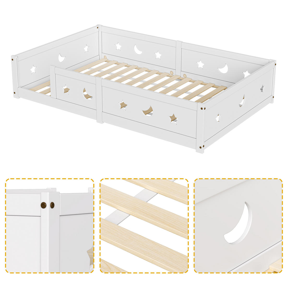 KINDERBETT 120x200 cm Massivholz Lattenrost Stern Mond weiß - Weiß, Holz (120/200cm) - LEBENLANG