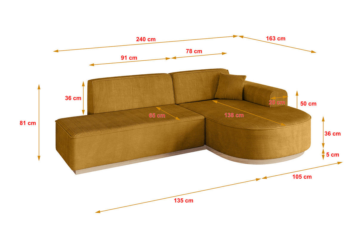 ECKSOFA Ottomane Rechts ARRIO-L1 - 243x171x83 cm Senfgelb - Currygelb/Gelb, Holzwerkstoff/Textil (243/171cm) - ALTDECOR
