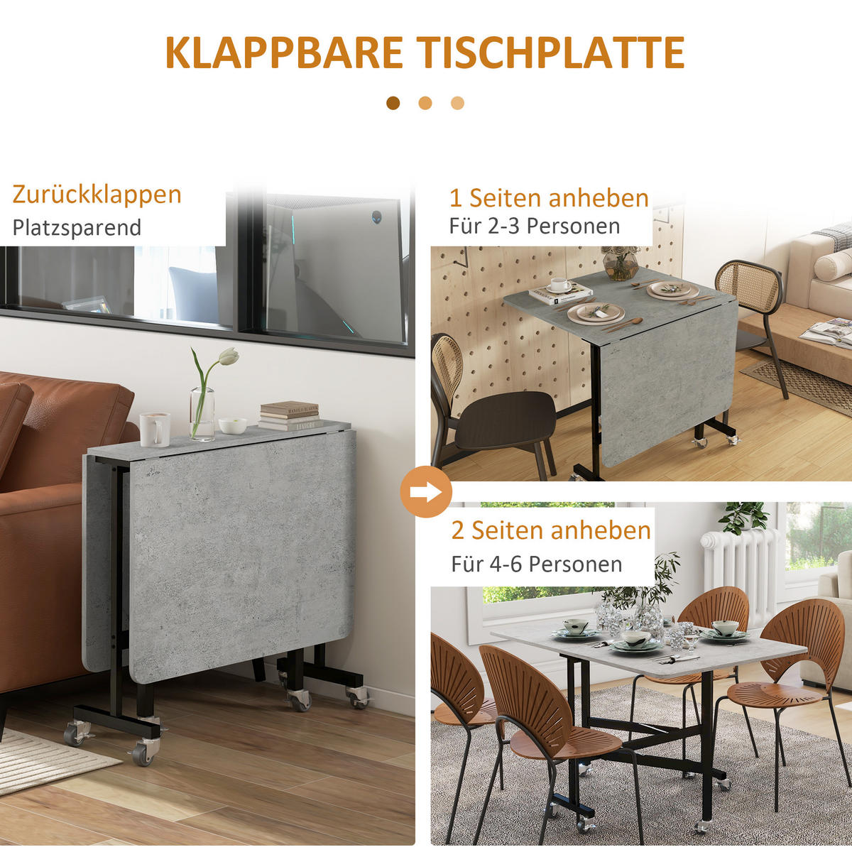 ESSTISCH, Küchentisch mit Rollen, Klapptisch für 4-6 Personen, für Küche, Grau - Grau, Holzwerkstoff (80/73/120cm) - HOMCOM
