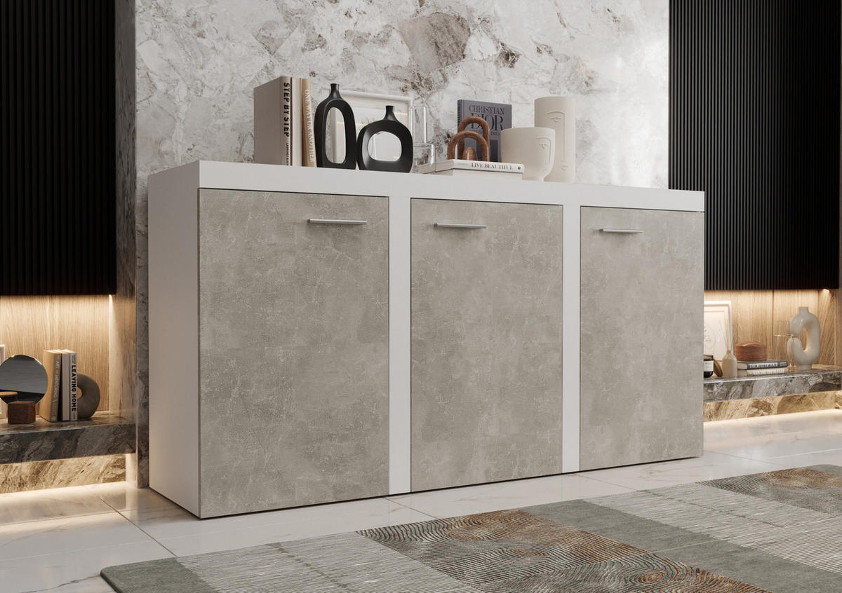 KOMMODE London LRXK mit 3 Türen, Sideboard in Farbe: Weiß|Grau, Größe: 149 x 82 x 40 cm - Weiß/Grau, Holzwerkstoff (149/82/40cm) - O-Sofa