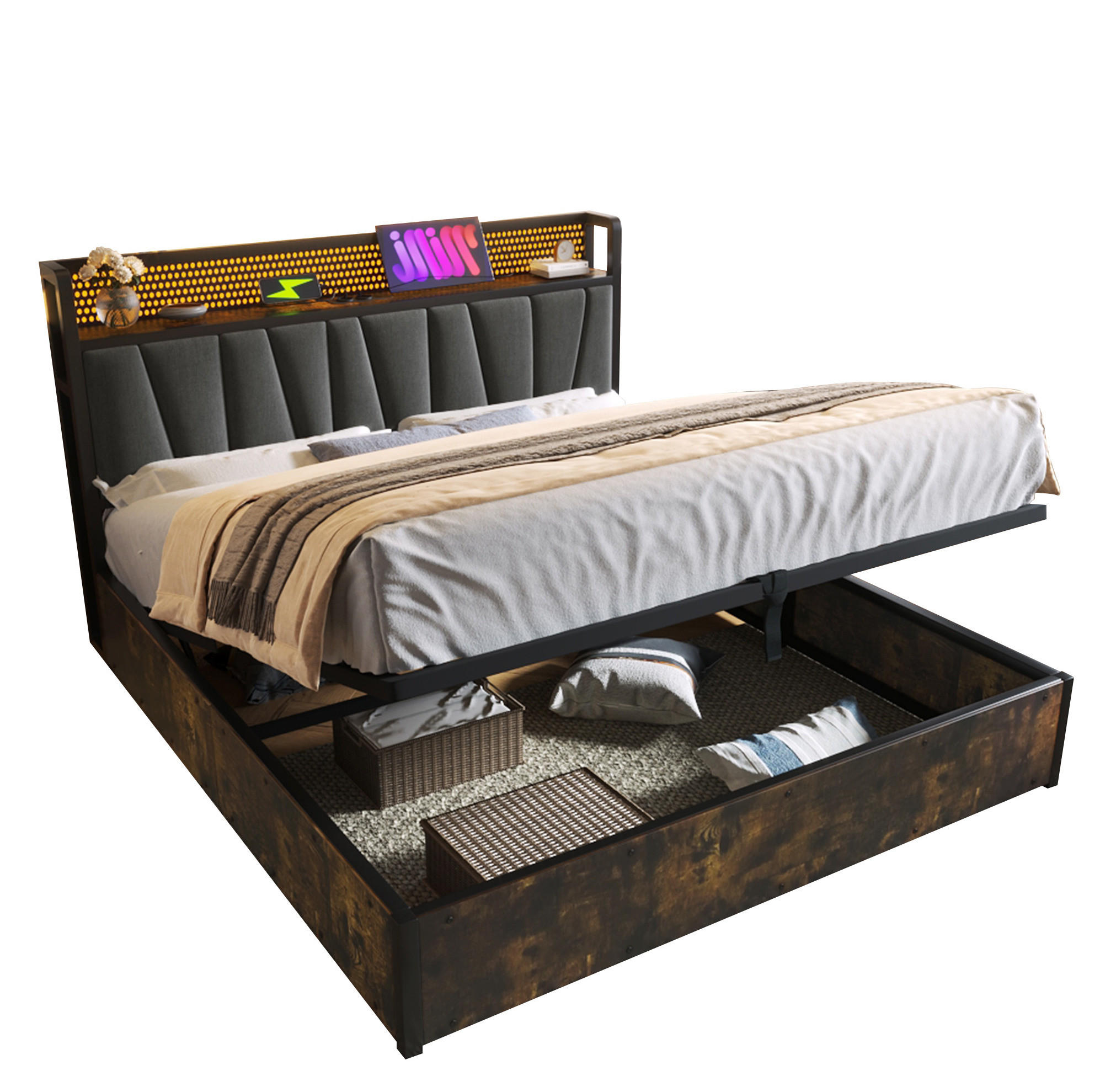 Redom ČALOUNĚNÁ postel 180/200 cm s LED osvětlením, USB porty a zásuvkami, úložným prostorem, Šedá