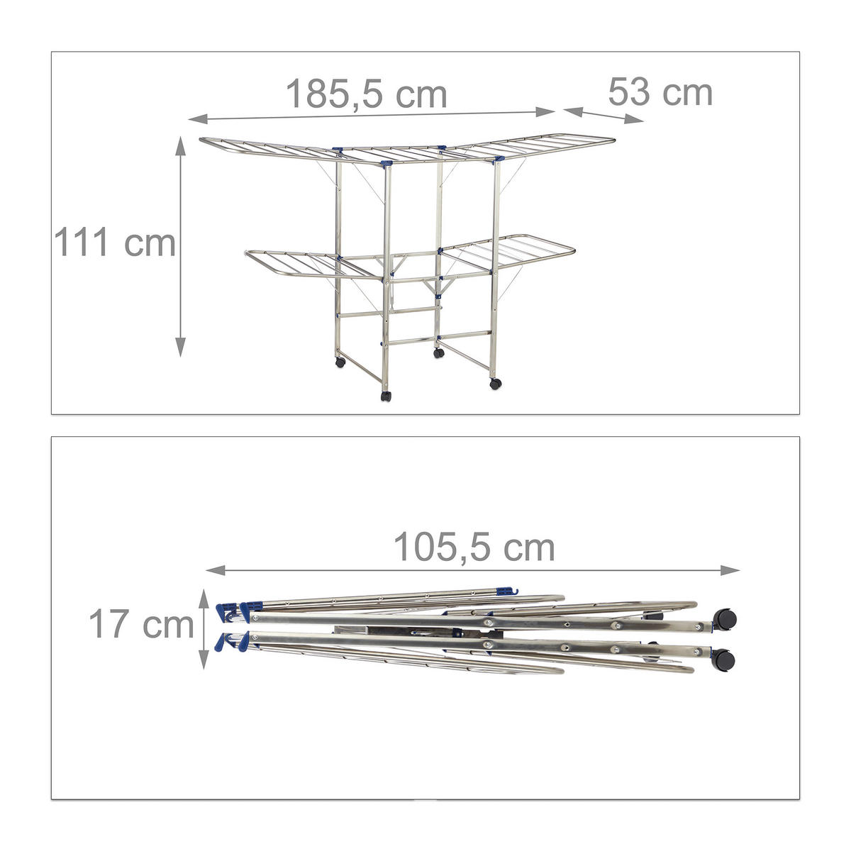 STOJAN na prádlo - strieborná, kov/plast (185.5/111/53cm) - Relaxdays