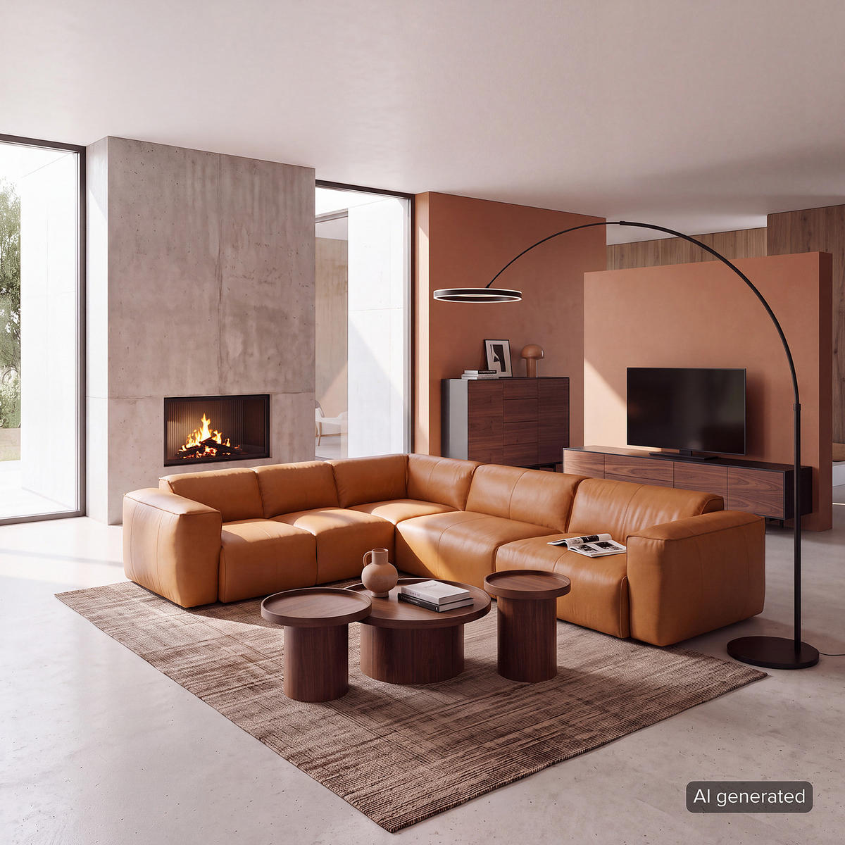 ECKSOFA mit Rundecke - Cognac/Schwarz, Leder/Kunststoff (325/260cm) - home24