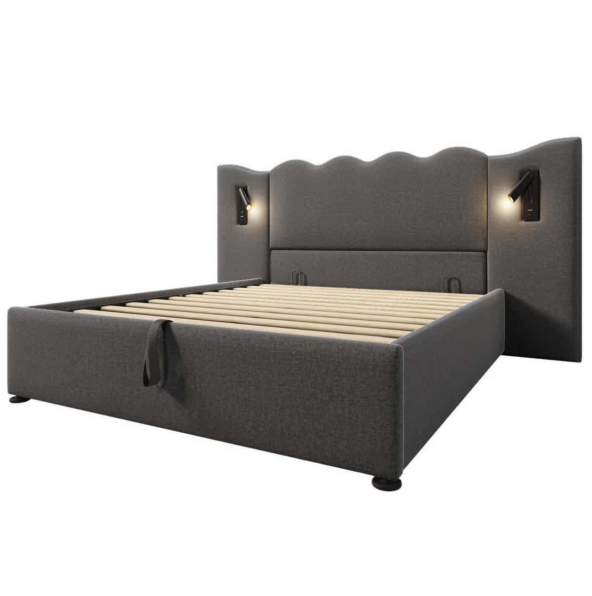 BETT mit Stauraum, Leselampe und Matratze 160x200 cm Leinen Grau - Grau, Metall (160/200cm) - Beauniv