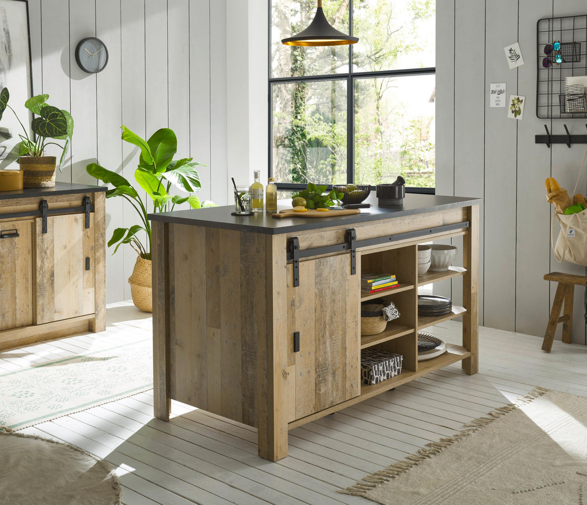 KÜCHEN-SET Used Wood hell, anthrazit, Küchenschrank Set 7-teilig mit Kochinsel - Anthrazit/Schwarz, Glas/Holzwerkstoff (201/201/64cm) - Furn.Design