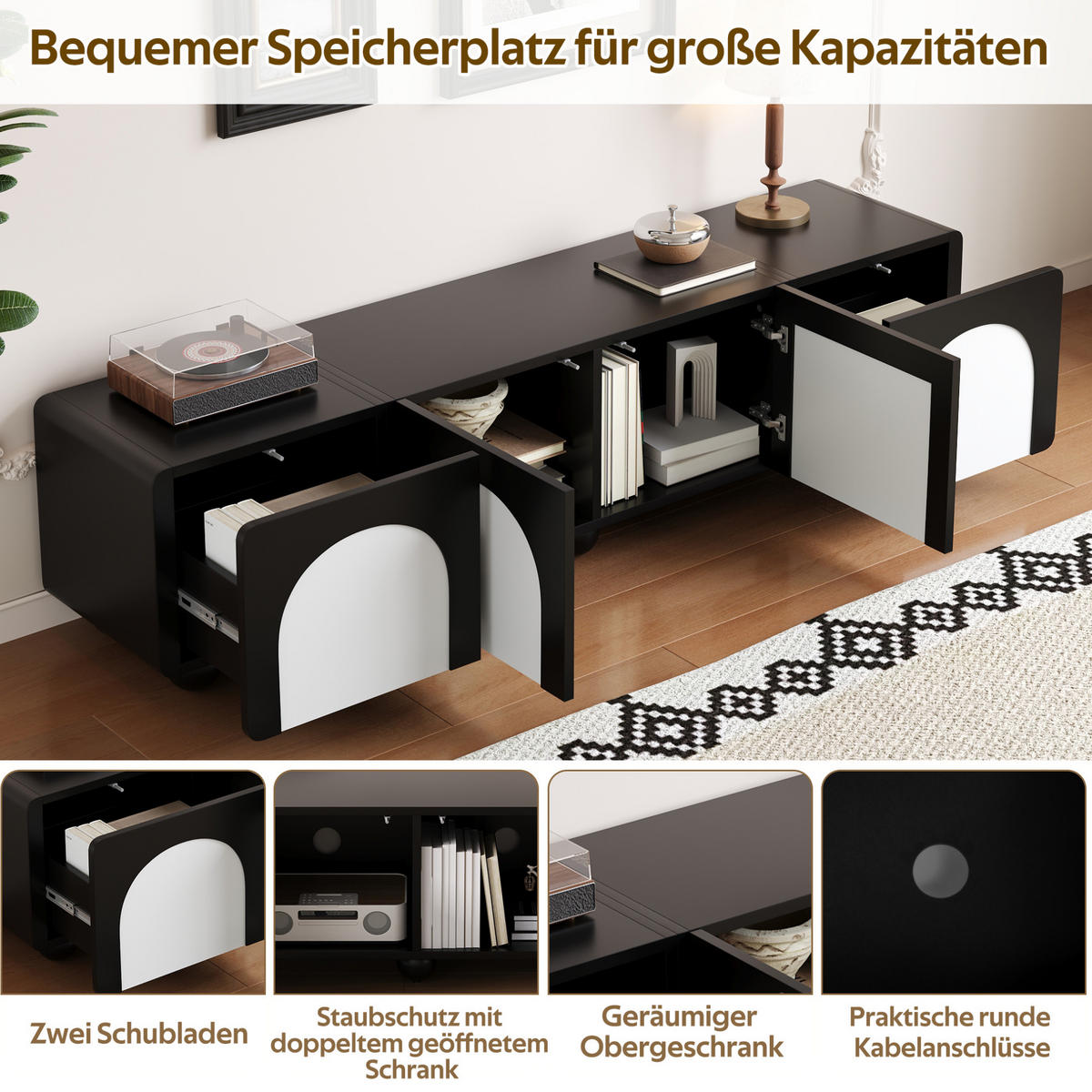TV-SCHRANK aus MDF und PB 180x38x45 cm Schwarz-Weiß mit 2 Schubladen, 2 Türen und Kabelmanagement - Schwarz, Holzwerkstoff (180/45/38cm) - Modfu