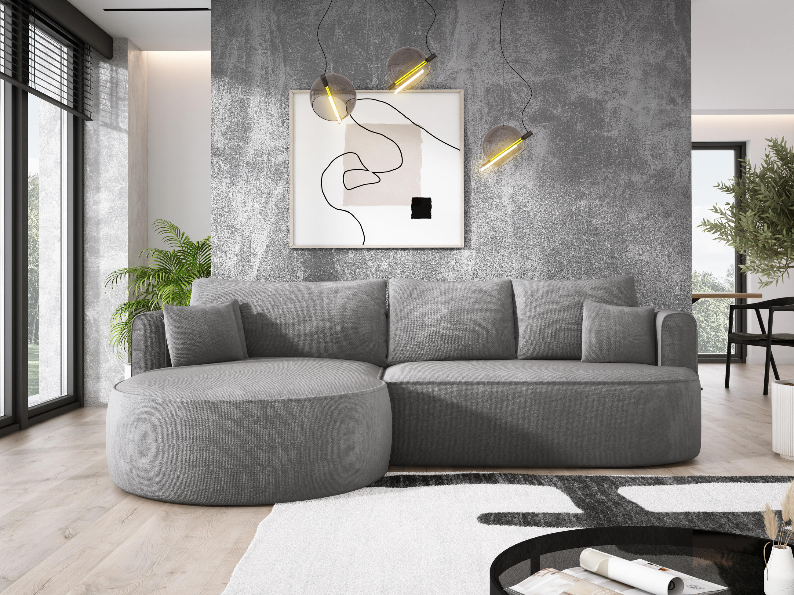 ECKSOFA FIORE-L Moderne Ausziehbare Schlaf-Funktion, automatischer Auffaltung, lose Rückenkissen freistehend LINKS 284x183x82 cm cm Silver - Silberfarben, Holz/Textil (183/284cm) - DomoHome