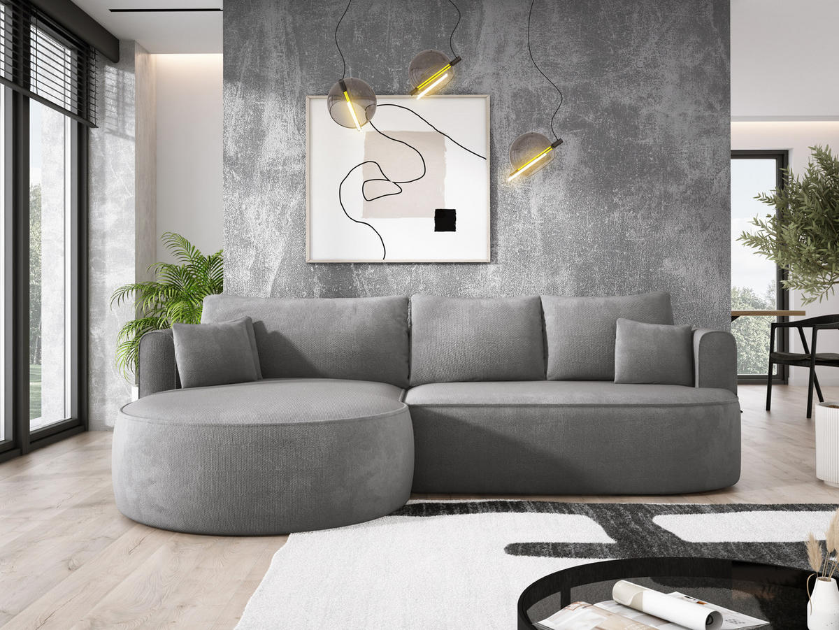 ECKSOFA FIORE-L Moderne Ausziehbare Schlaf-Funktion, automatischer Auffaltung, lose Rückenkissen freistehend LINKS 284x183x82 cm cm Silver - Silberfarben, Holz/Textil (183/284cm) - DomoHome