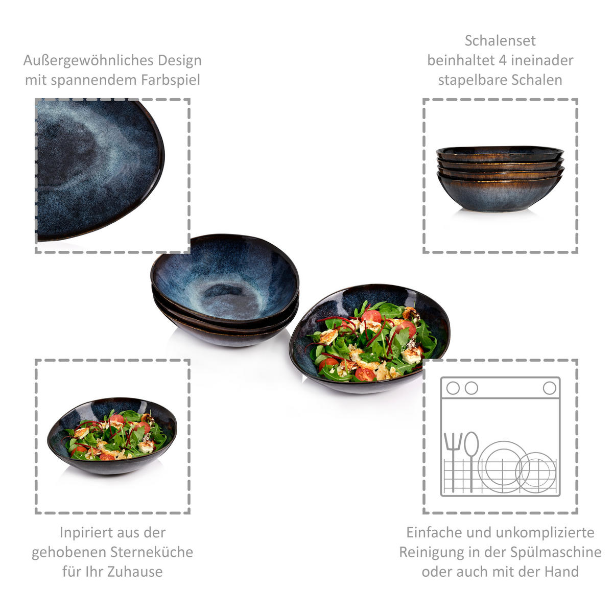 SALATSCHALEN SET TOKIO - 4 teilig aus Steingut - Dunkelblau, Keramik (20cm) - Sänger