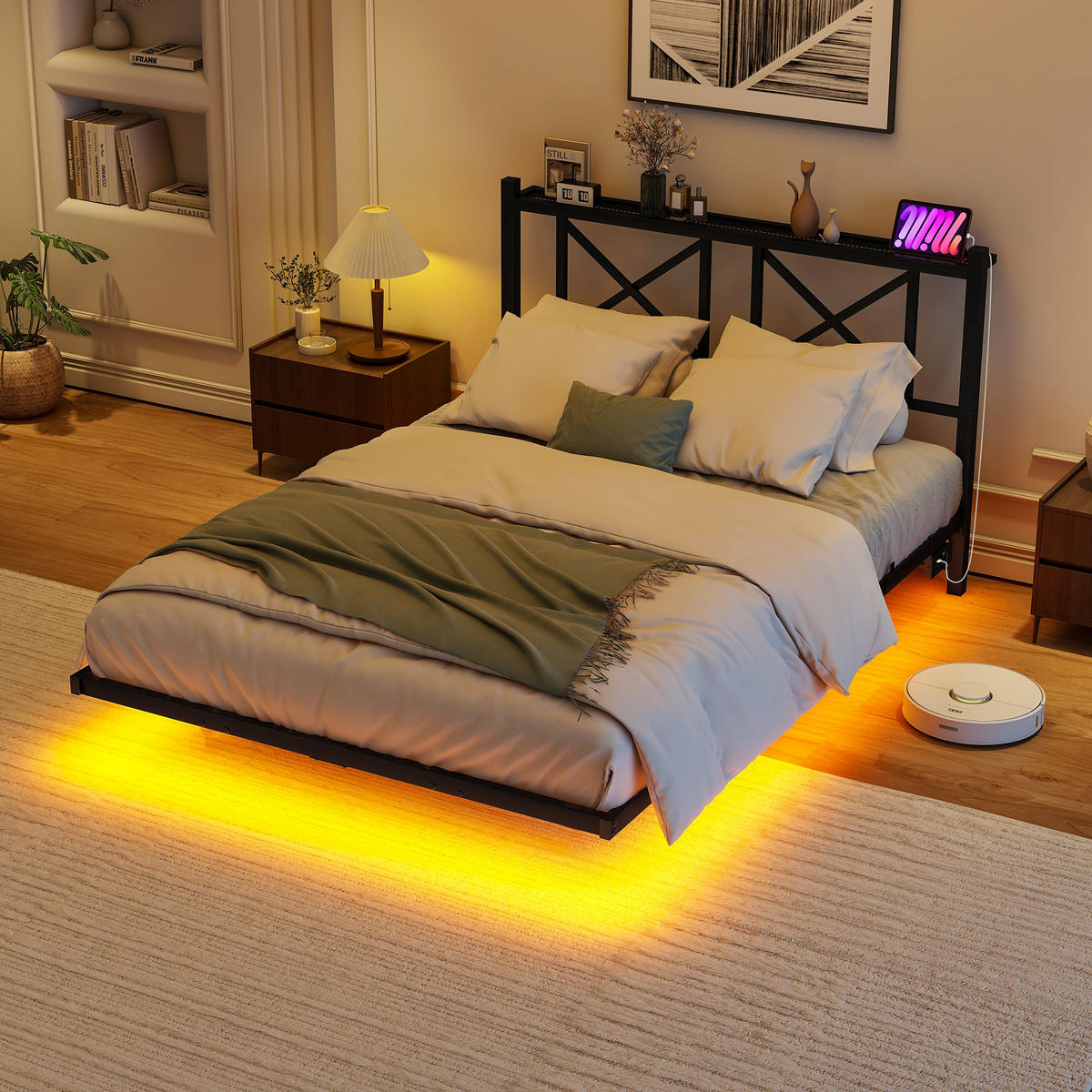 METALLBETT 120x200 cm LED USB Kopfteil - Schwarz, Metall (120/200cm) - Fortuna Lai