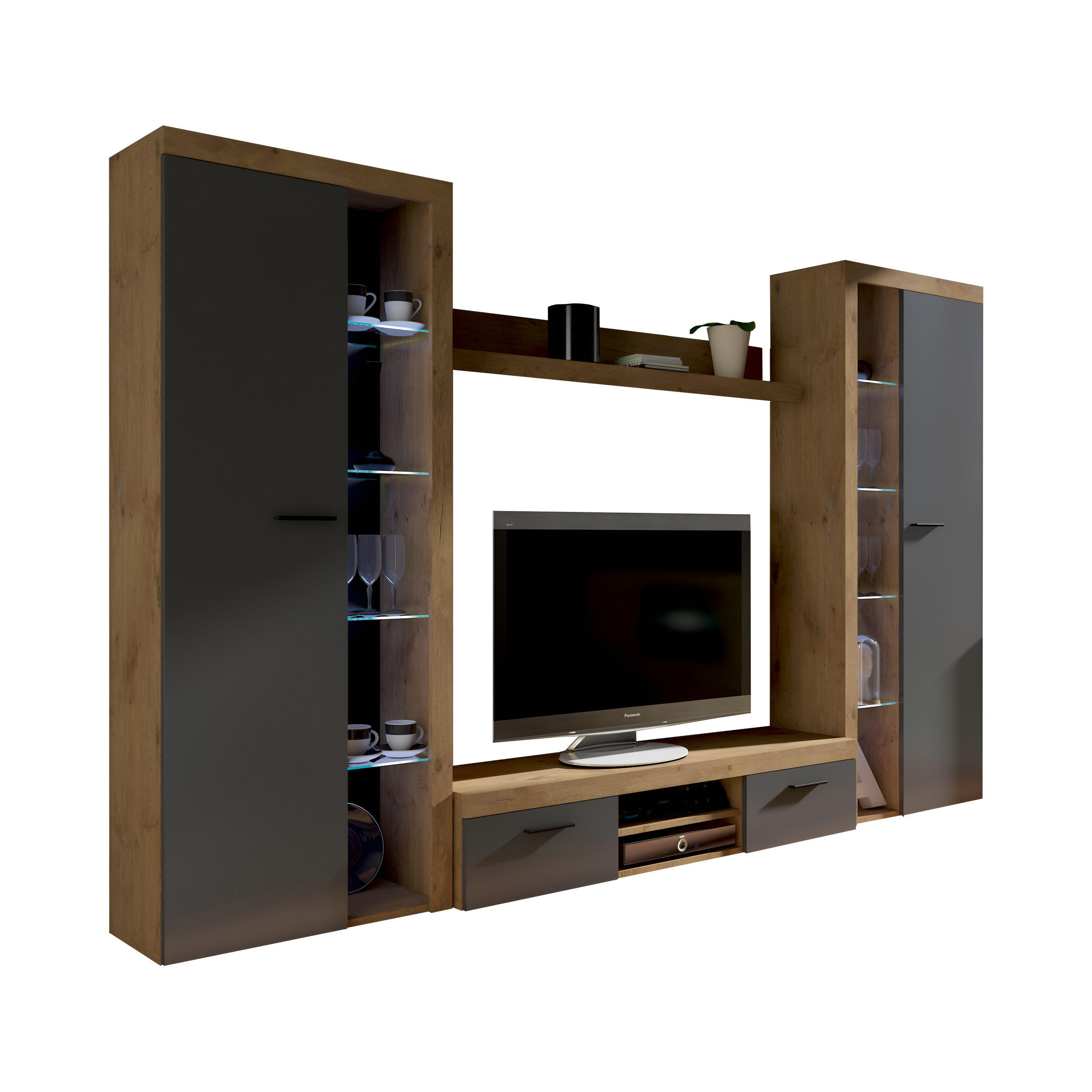 WOHNWAND OKTAWIA XL LED - Dunkelbraun/Graphitfarben, Holzwerkstoff (300/190/40cm) - Meblini