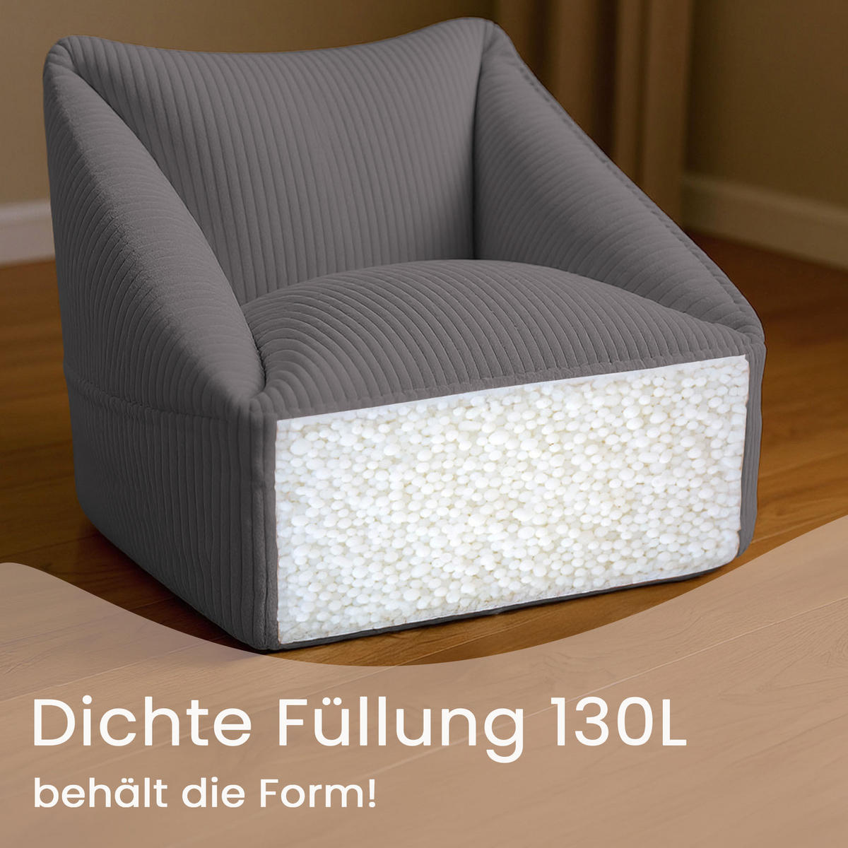 SITZSACK-SESSEL Bambino 55/60/55 cm, weicher Cord 380 g/m², mit Griff & Seitentasche, Dunkelgrau - Dunkelgrau, Textil (55/55/60cm) - Dreamroots