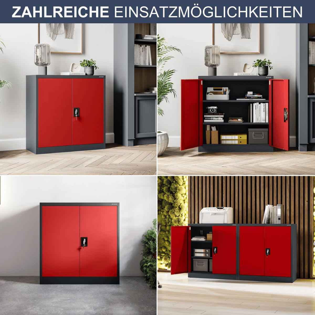 AKTENSCHRANK abschließbar KADO mit Flügeltüren 93x90x40cm Anthrazit-Rot - Anthrazit, Metall (90/93/40cm) - DELUKE