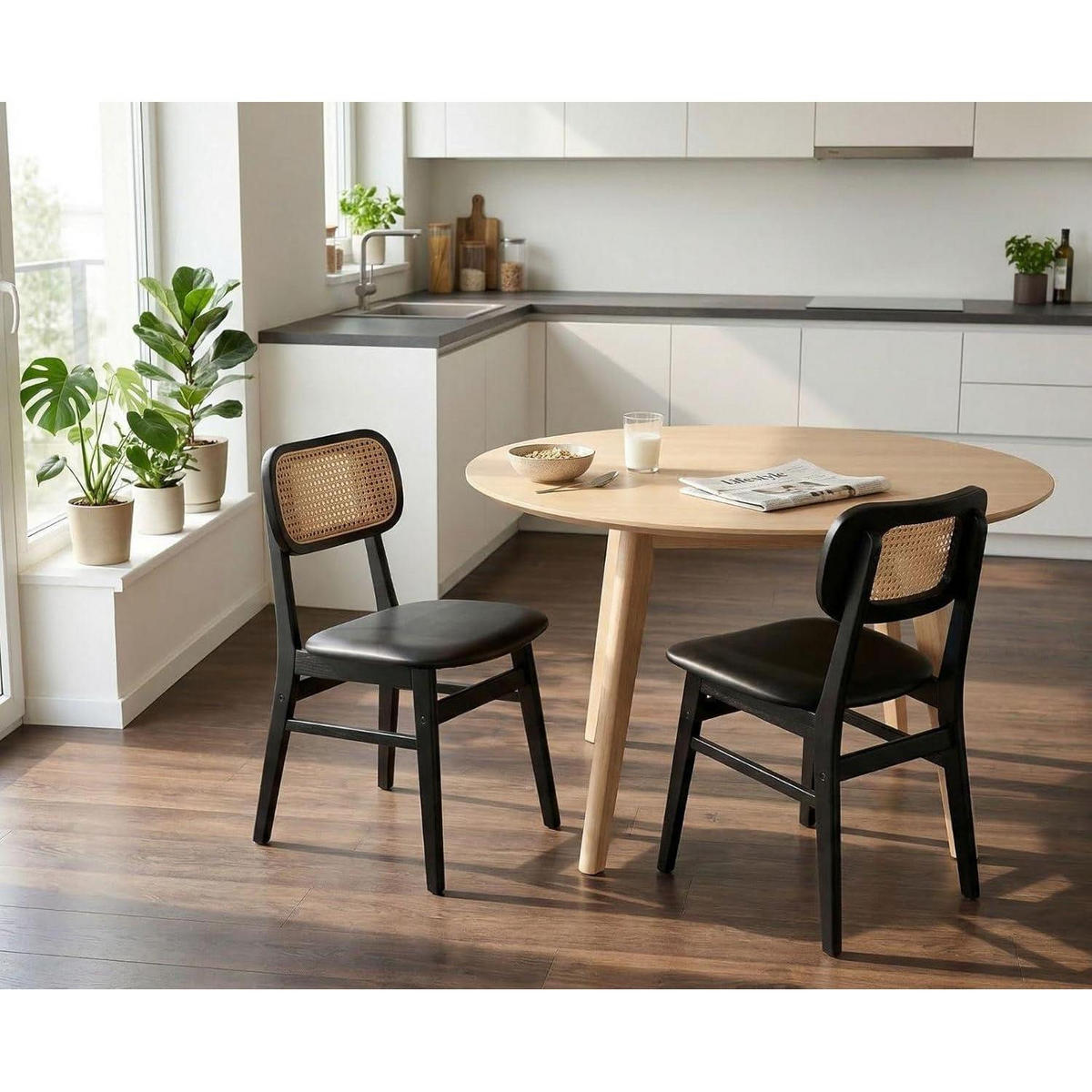 ESSZIMMERSTÜHLE 4er Set PU Leder Rattan Massivholzbeine Schwarz - Schwarz, Kunststoff (47/80/49.5cm)
