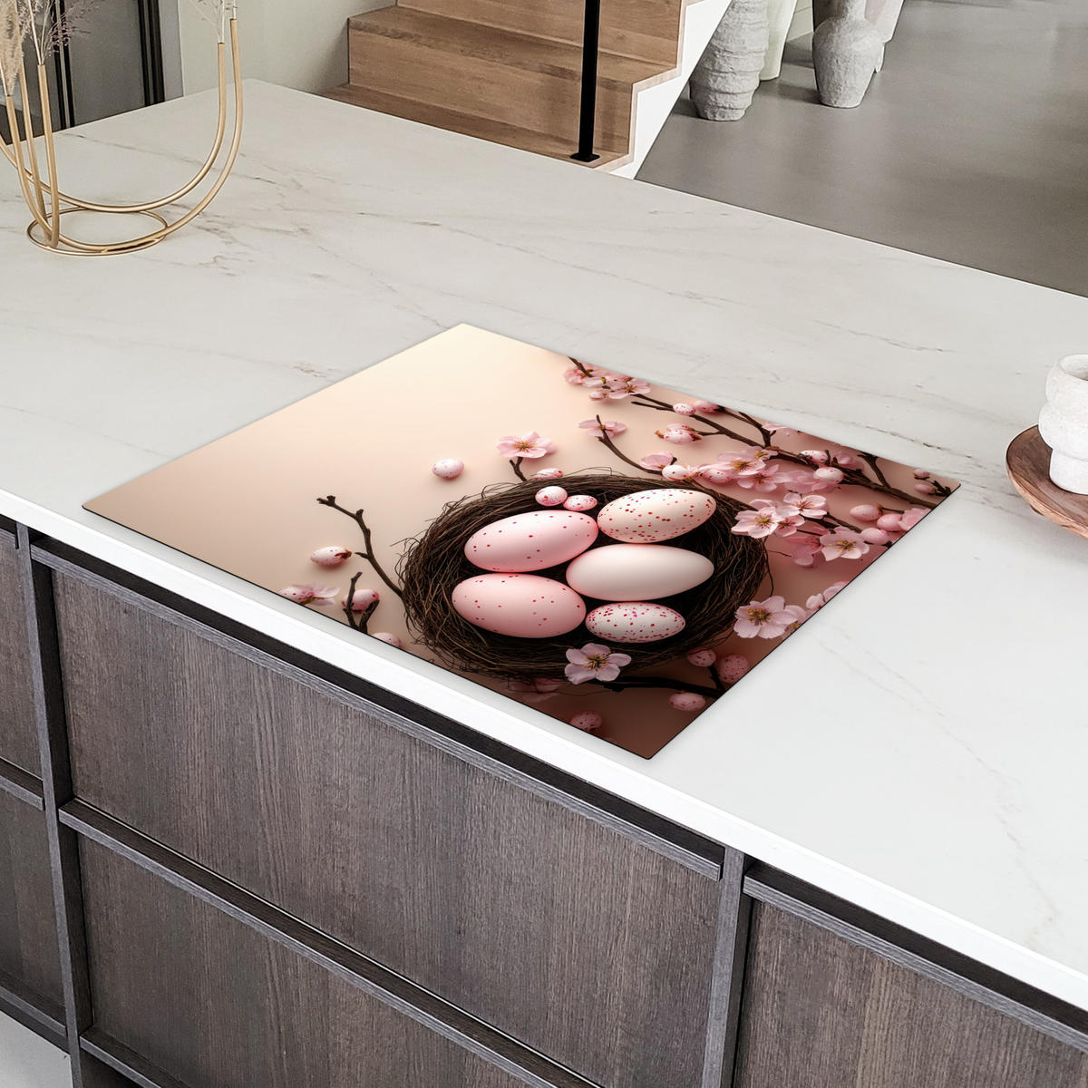 HERDABDECKPLATTE Rosa - Blüten - Eier Induktionsmatte 77x59 cm - Hellrosa, Kunststoff (77/59/0.2cm) - MuchoWow