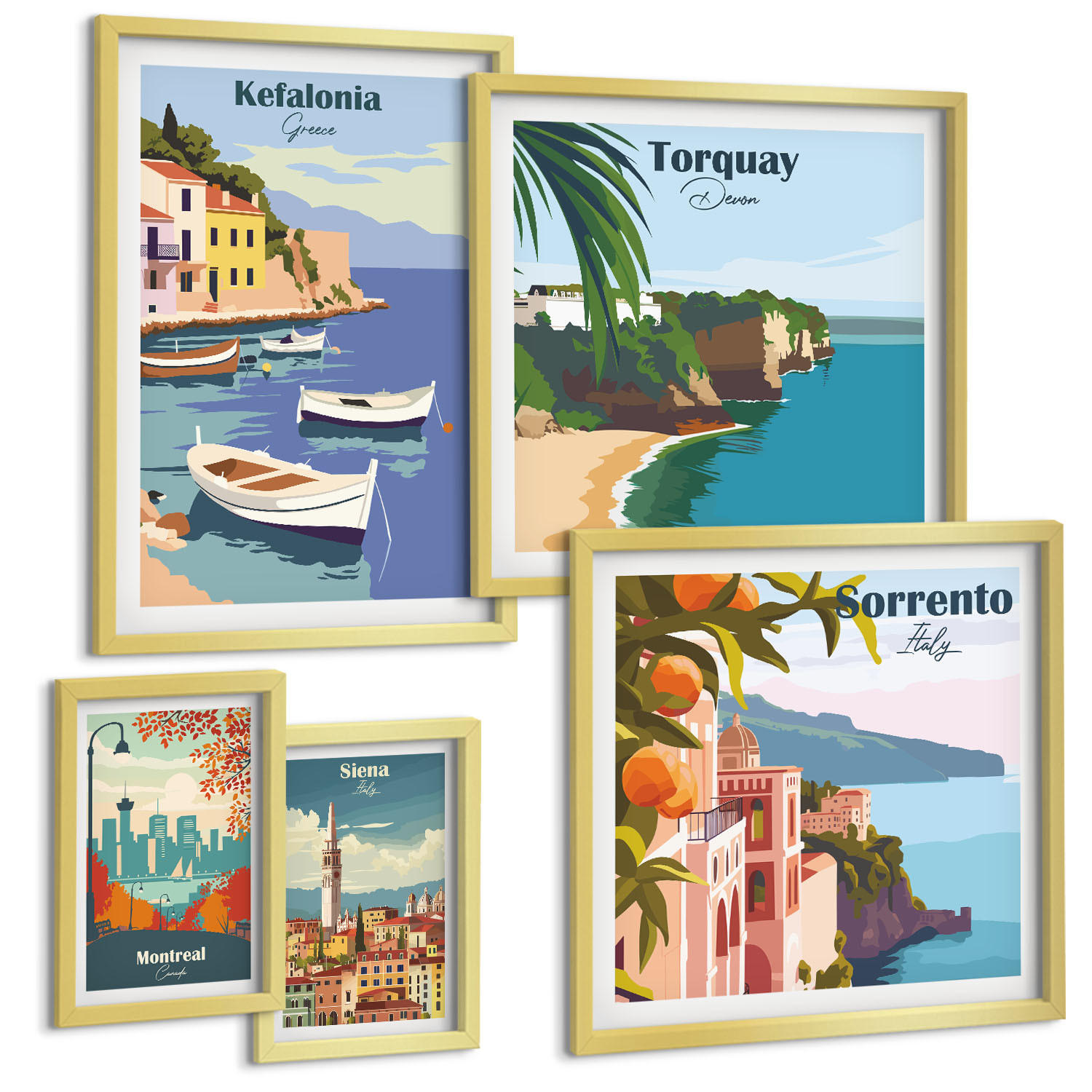 BILDER SET 5er Set - 50x50 cm & 20x30 cm & 40x60 cm Goldrahmen - Retro-Illustrationen berühmter Orte - Goldfarben, Kunststoff (40/60cm) - TULUP