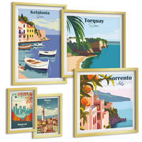 BILDER SET 5er Set - 50x50 cm & 20x30 cm & 40x60 cm Goldrahmen - Retro-Illustrationen berühmter Orte - Goldfarben, Kunststoff (40/60cm) - TULUP