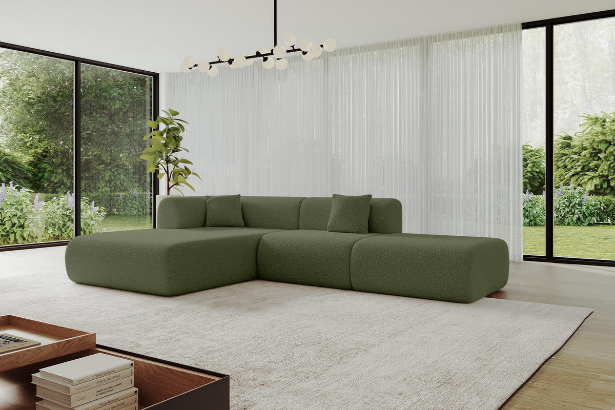 ECKSOFA Ottomane Links OVLY-L 289x176x71 Grün Bouclé - Schwarz/Grün, Holzwerkstoff/Kunststoff (176/289cm) - ALTDECOR
