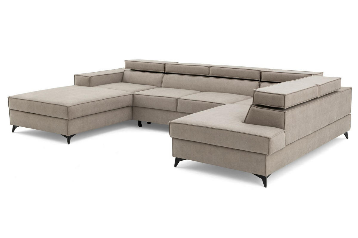 ECKSOFA PURE U Rechts mit Schlaffunktion 127x270 Velours Creme - Creme/Schwarz, Holz/Textil (204/340cm) - Muffo