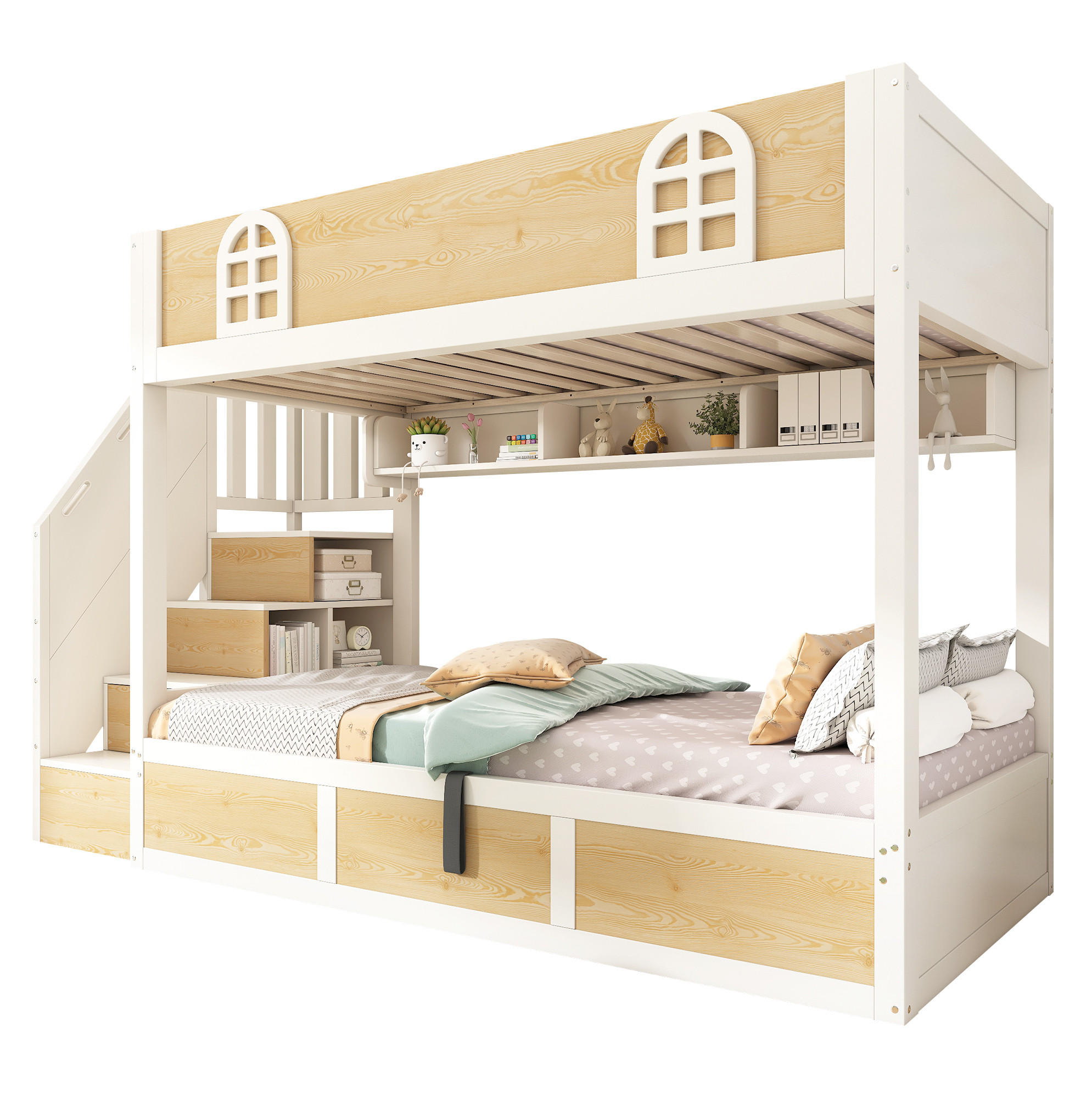 ETAGENBETT aus Holz und Metall 90x200 cm Weiß/Natur mit Treppenschrank, Bettkasten und Sicherheitsgeländer - Naturfarben, Holzwerkstoff (90/200cm) - Modfu