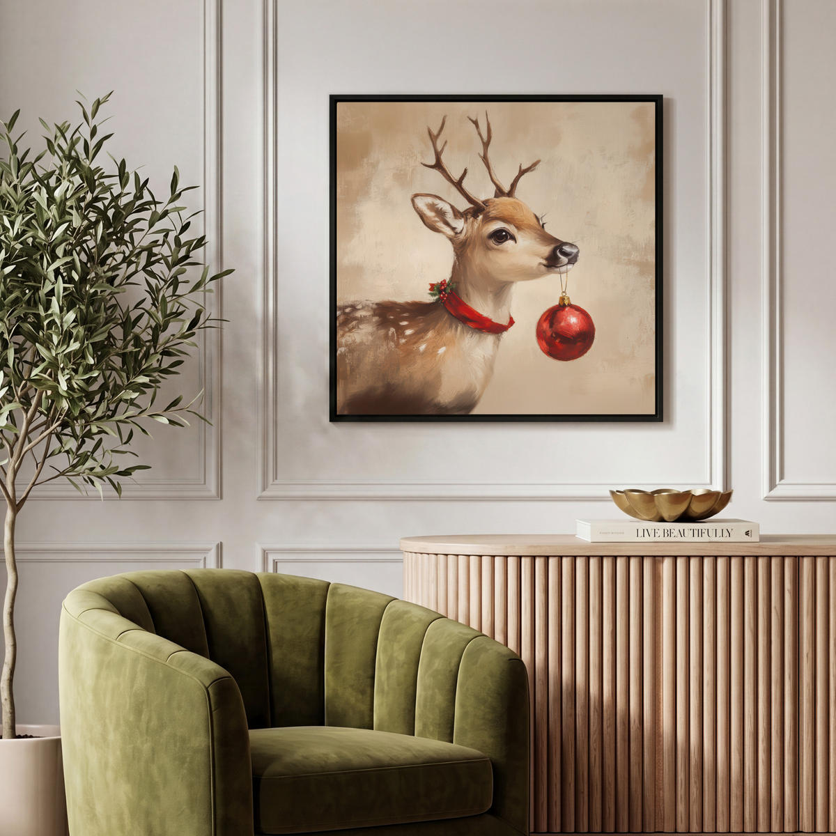 LEINWAND Bilder mit Rahmen - Weihnachten - Hirsch - Geweih - Weihnachtskugel - Rentier - 50x50 - Hellbraun, Textil (50/50cm) - MuchoWow