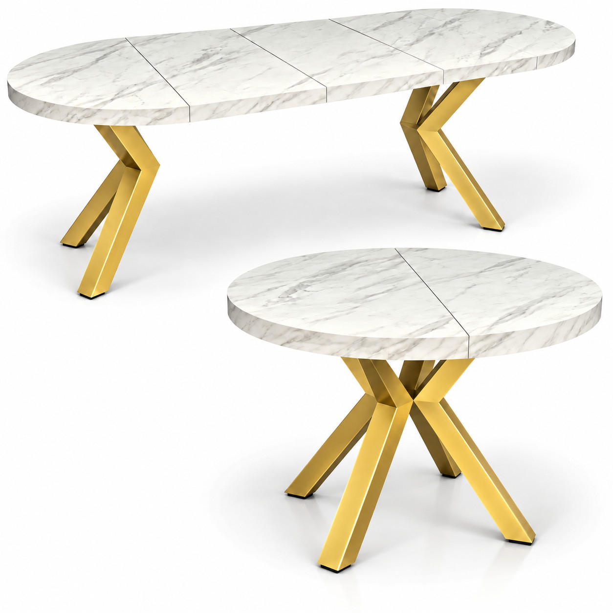 ESSTISCH rund ausziehbar 100/200/76 cm, Marmor, 54 cm Tischplatte + X Metallbeine Gold - Goldfarben/Hellgrau, Holzwerkstoff/Metall (100/200/76cm) - Damale Möbel