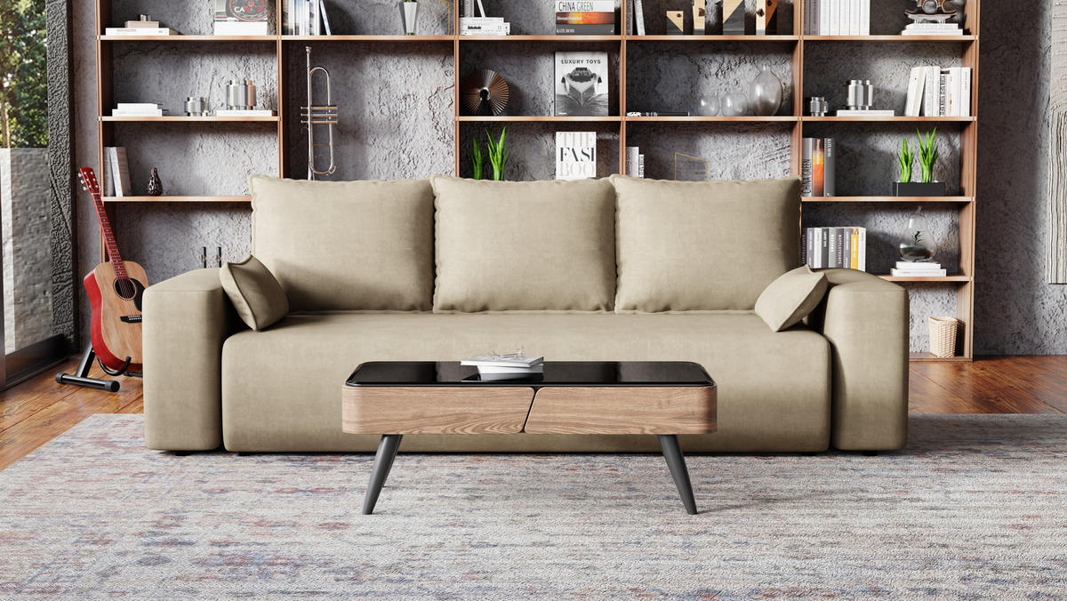 SOFA Bubi mit Bettkasten und Schlaffunktion, Velourstoff - Cappuccino, Holzwerkstoff (242/85/95cm)
