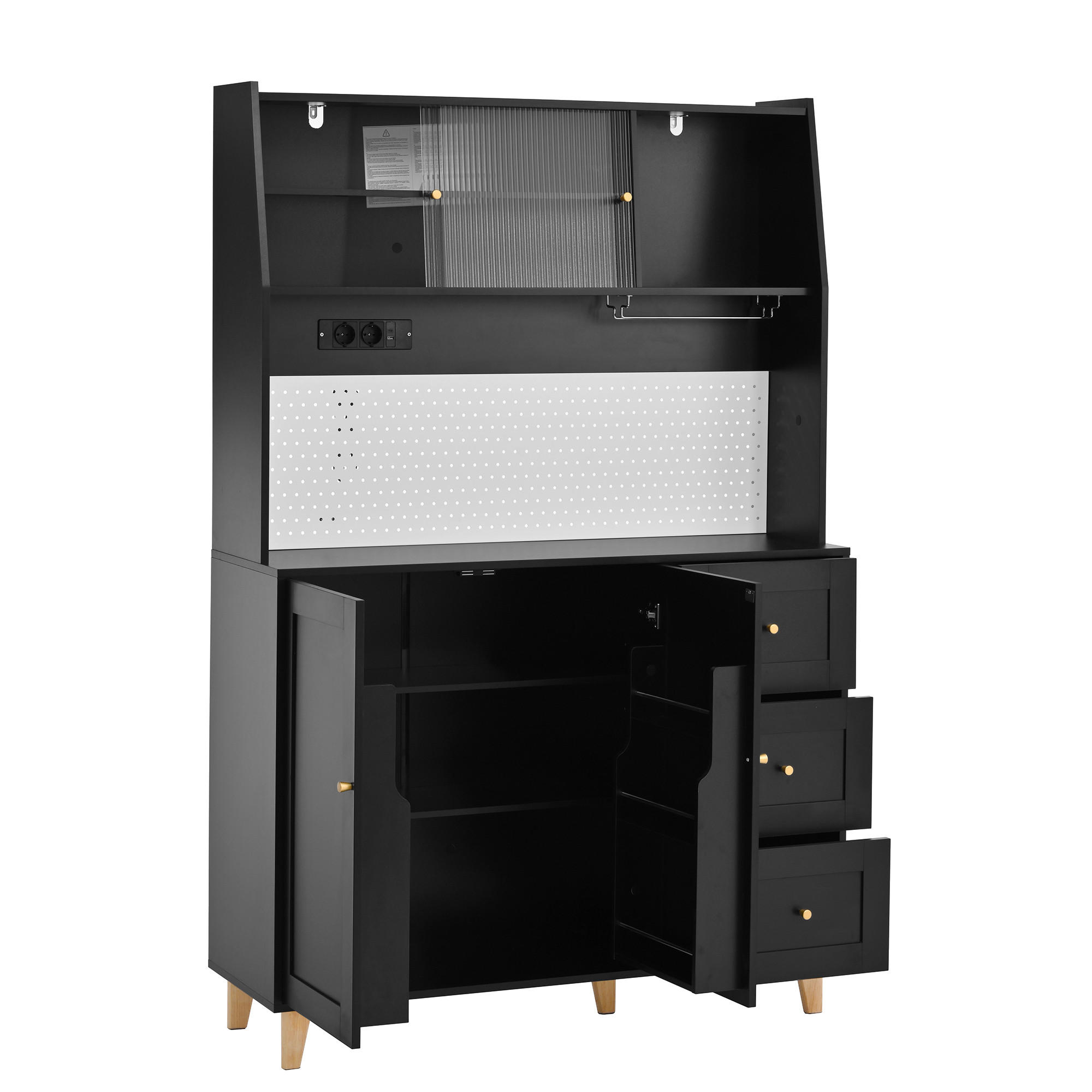 HIGHBOARD in Schwarz Barschrank mit Weinglashaltern und Schubladen für Esszimmer und Küche, B120/T40/H184 cm - Schwarz/Naturfarben, Glas/Holz (120/184/40cm) - STILVORA
