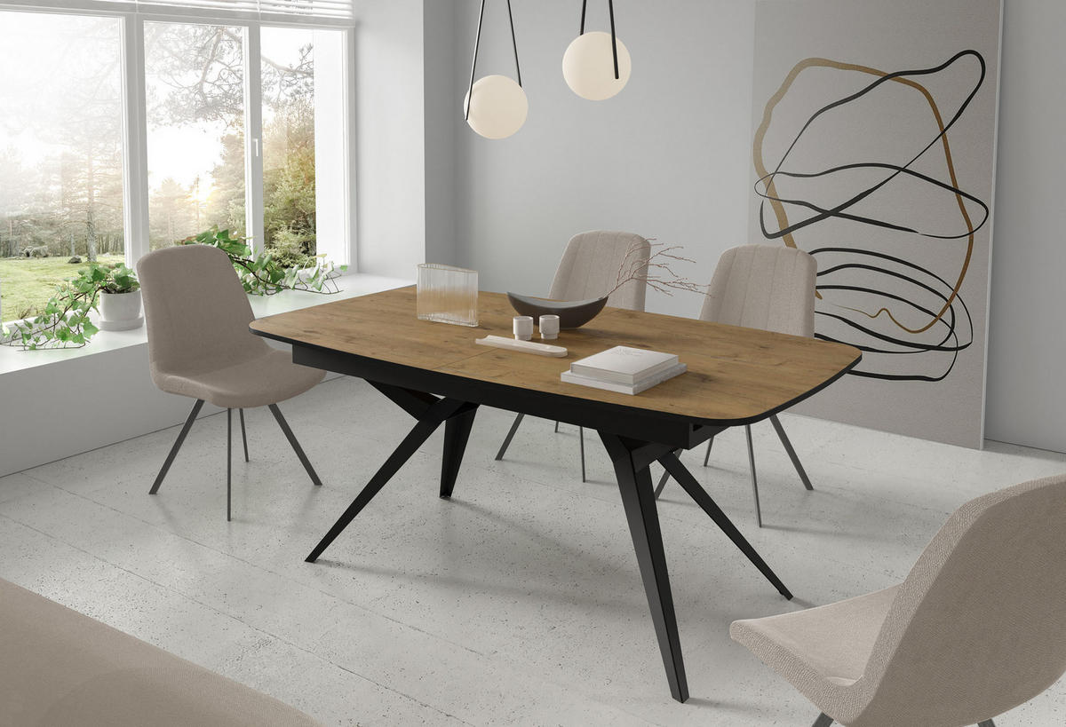 ESSTISCH Soren ausziehbar rechteckig oval, Eiche Hell Braun 180-380/100/76 cm - Eichefarben/Schwarz, Holzwerkstoff/Metall (180/100/76cm) - WFL GROUP