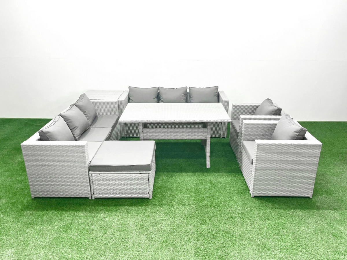 GARTENMÖBEL SET mit 3-Sitzer-Sofa und 2 Stühle, Esstisch,Beistelltisch,Großer Fußhocker Polyrattan Hellgrau 9-Sitzer - Hellgrau/Grau, Glas/Kunststoff - Fimous